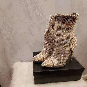 So Me Snake Skin Pointed Toe Ankle Bootie